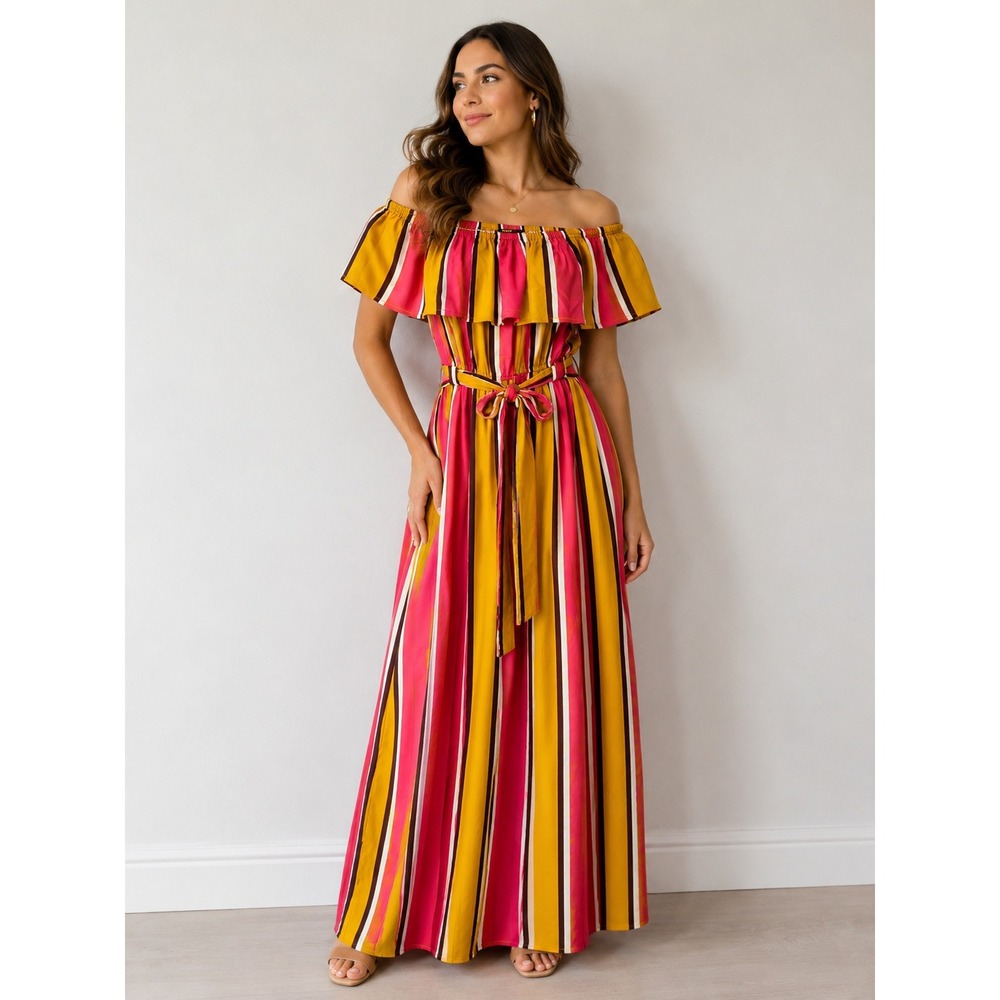 Forever 21 Balearic Beach Pink Yellow‎ Striped Off Shoulder Maxi Dress Small NWT